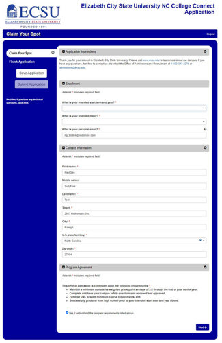 Ejemplo de aplicación simplificada de NC College Connect